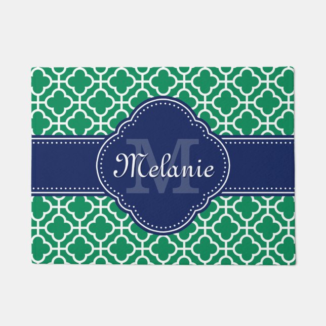 Emerald Green Wht Moroccan Pattern Navy Monogram Doormat (Front)