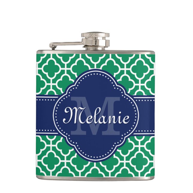 Emerald Green Wht Moroccan Pattern Navy Monogram Flask (Front)