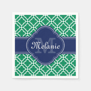 Emerald Green Wht Moroccan Pattern Navy Monogram Napkins