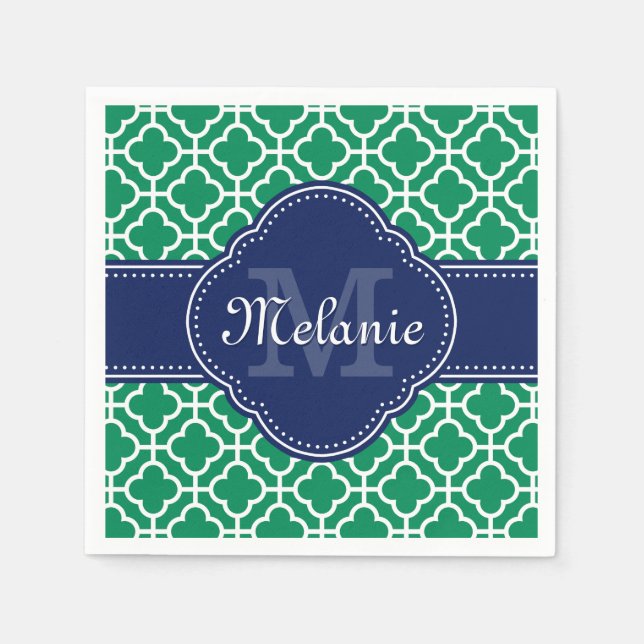 Emerald Green Wht Moroccan Pattern Navy Monogram Napkins (Front)