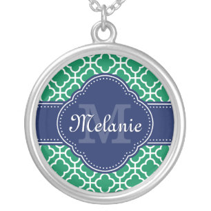 Emerald Green Wht Moroccan Pattern Navy Monogram Silver Plated Necklace