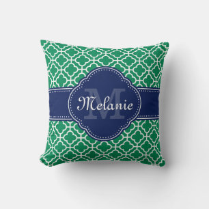 Emerald Green Wht Moroccan Pattern Navy Monogram Throw Pillow