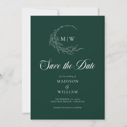 Emerald Green  Wispy Crest Monogram Save the Date 