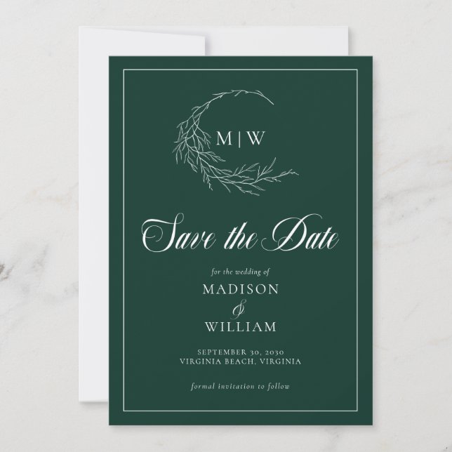 Emerald Green Wispy Crest Monogram Save the Date  (Front)