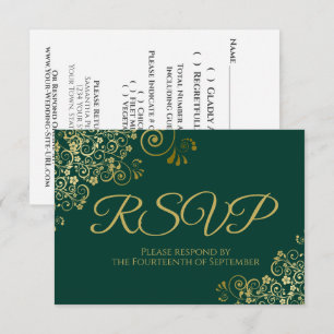 Emerald Green with Elegant Gold Lace Wedding RSVP Card