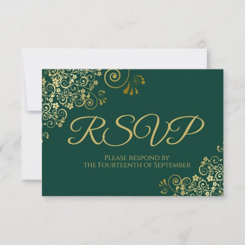 Emerald Green with Elegant Gold Lace Wedding RSVP Card