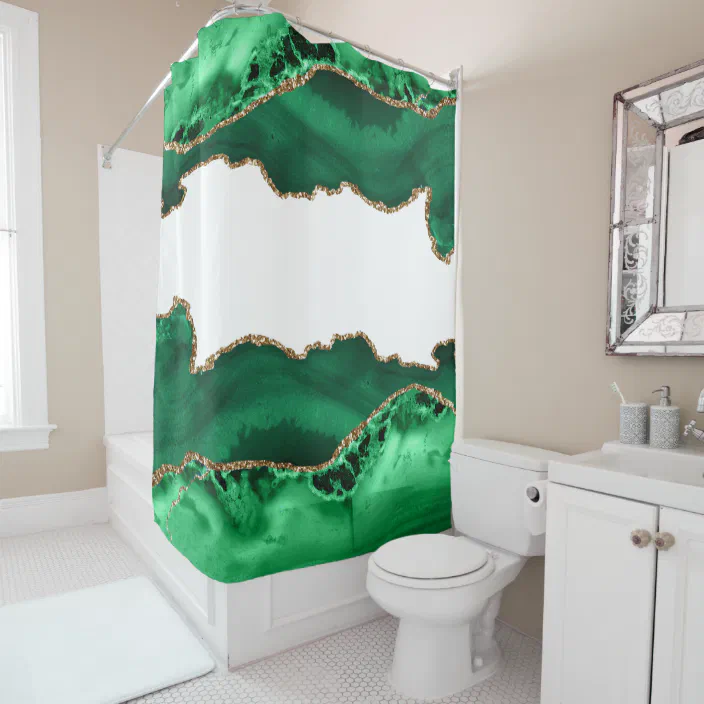 Metallic Gold Agate Shower Curtain, Emerald Green Shower Curtain