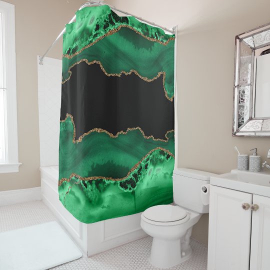Emerald Green with Metallic Gold Agate Shower Curtain