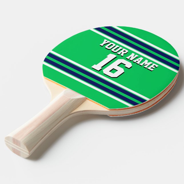 Emerald Green with Navy White Stripes Team Jersey Ping-Pong Paddle (Front Angle)