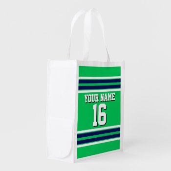Emerald Green With Navy White Stripes Team Jersey Reusable Grocery Bag by FantabulousSports at Zazzle