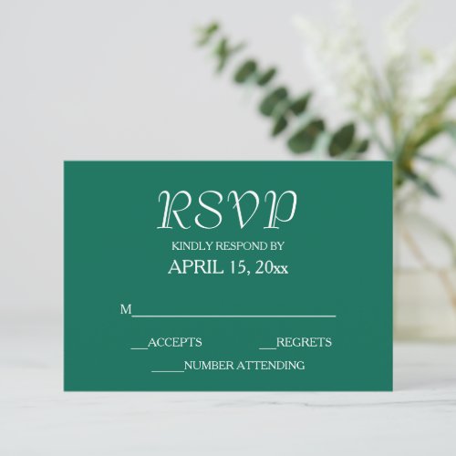 Emerald Green with White Lettering Wedding RSVP Card