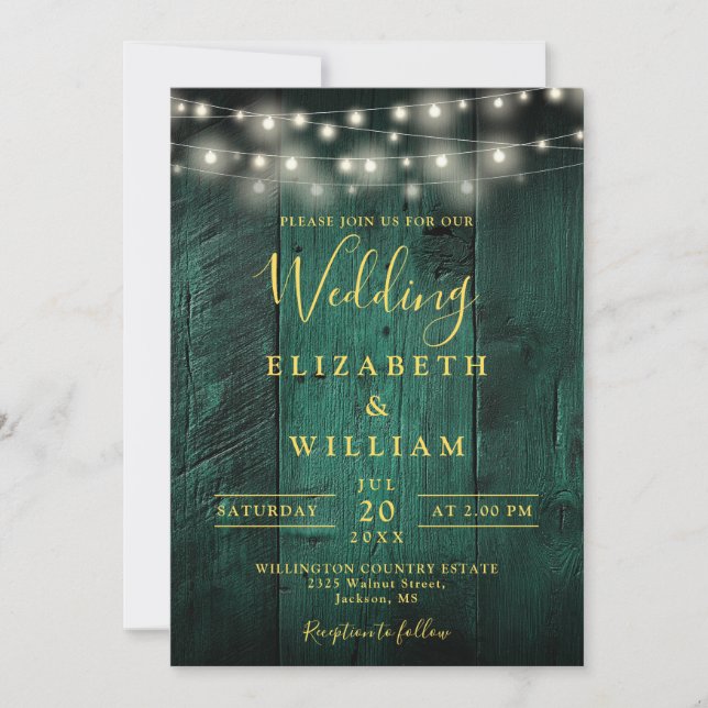 Emerald Green Wood String Lights Details Wedding Invitation (Front)