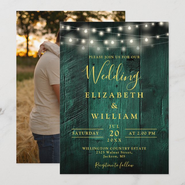 Emerald Green Wood String Lights Photo Wedding Invitation (Front/Back)