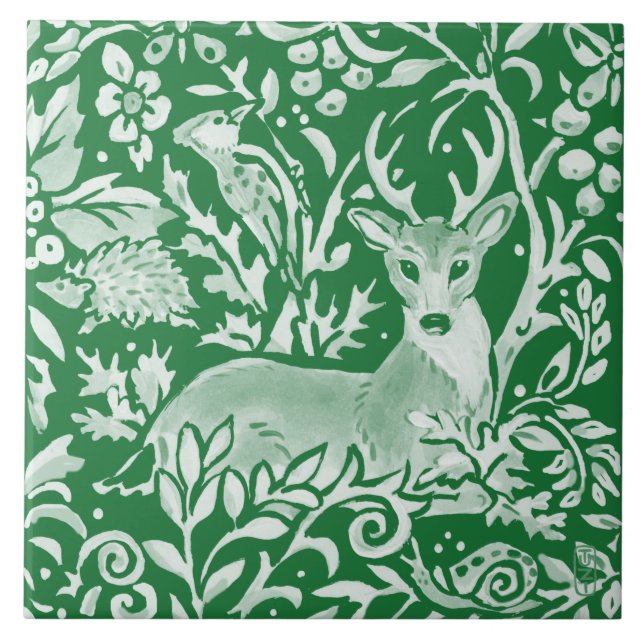 Emerald Green Woodland Animal Deer Hedgehog Floral Ceramic Tile (Front)