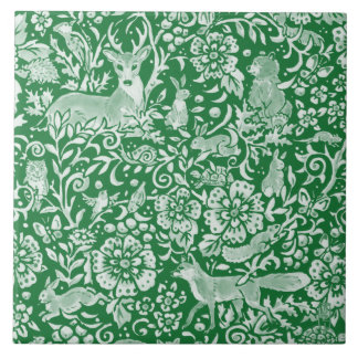 Emerald Green Woodland Animal Deer Rabbit Floral Ceramic Tile