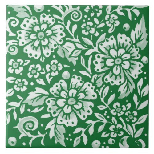 Emerald Green Woodland Chinoiserie Floral Ceramic Tile