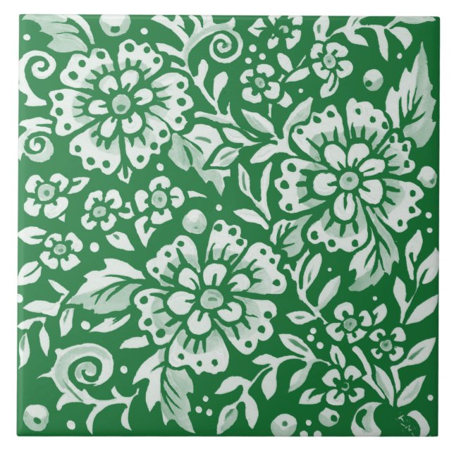 Emerald Green Woodland Chinoiserie Floral Ceramic Tile (Front)