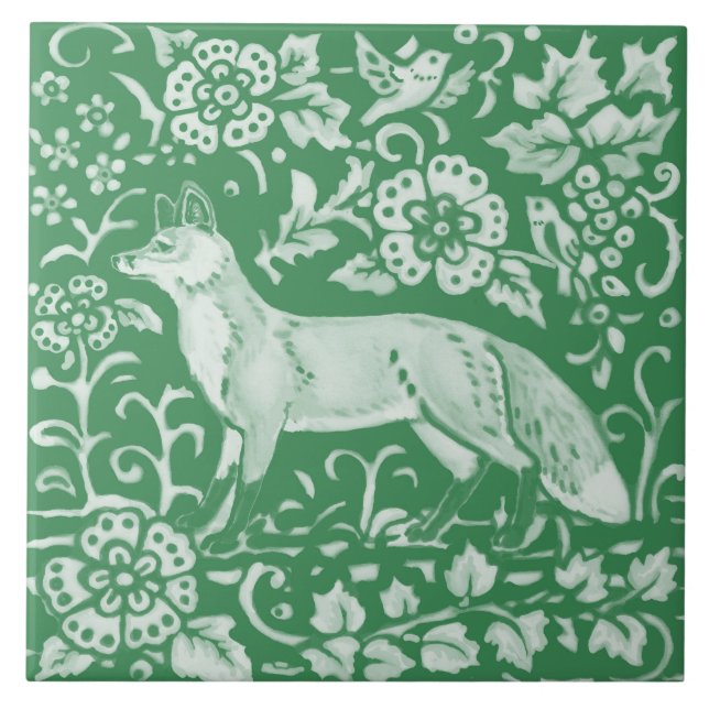 Emerald Green Woodland Cute Fox Intricate Floral   Ceramic Tile (Front)