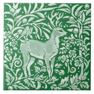 Emerald Green Woodland Deer Birds Intricate Floral Ceramic Tile