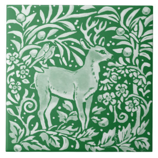Emerald Green Woodland Deer Birds Intricate Floral Ceramic Tile
