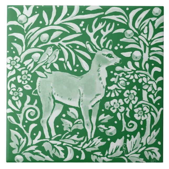 Emerald Green Woodland Deer Birds Intricate Floral Ceramic Tile (Front)