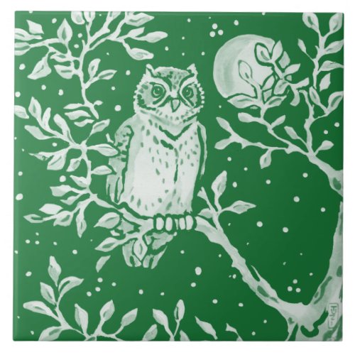 Emerald Green Woodland Owl Tree Moon Night Scene Ceramic Tile