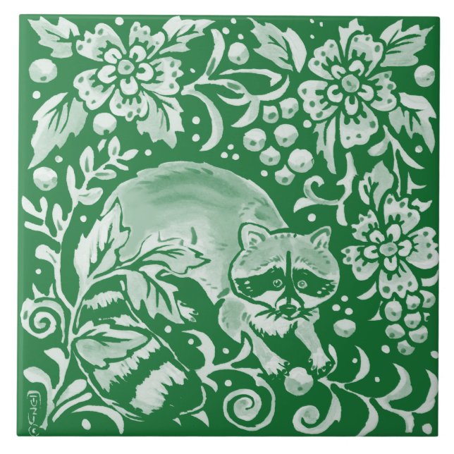 Emerald Green Woodland Raccoon Intricate Floral  Ceramic Tile (Front)