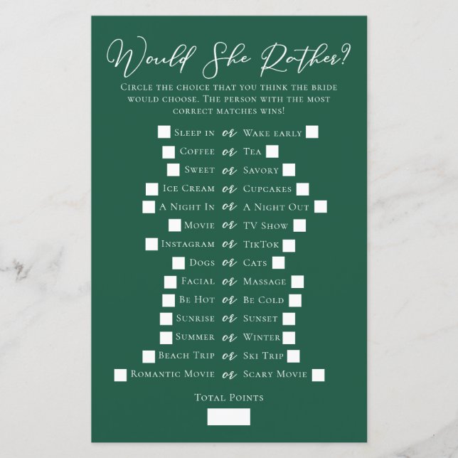 Emerald Green Would She Rather Bridal Shower Game (Front)