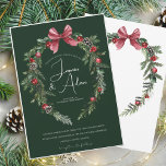 Emerald Green Wreath and Bow Christmas Wedding Invitation<br><div class="desc">Emerald Green Wreath and Bow Christmas Wedding Invitation. This festive emerald green invitation showcases a circular winter wreath adorned with pine,  red berries,  and a dusty rose bow. Ideal for Christmas weddings with a romantic and seasonal aesthetic,  it blends classic elegance with cozy holiday charm.</div>