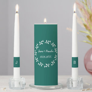 Emerald Green Wreath Couple Monogrammed Simple Unity Candle Set