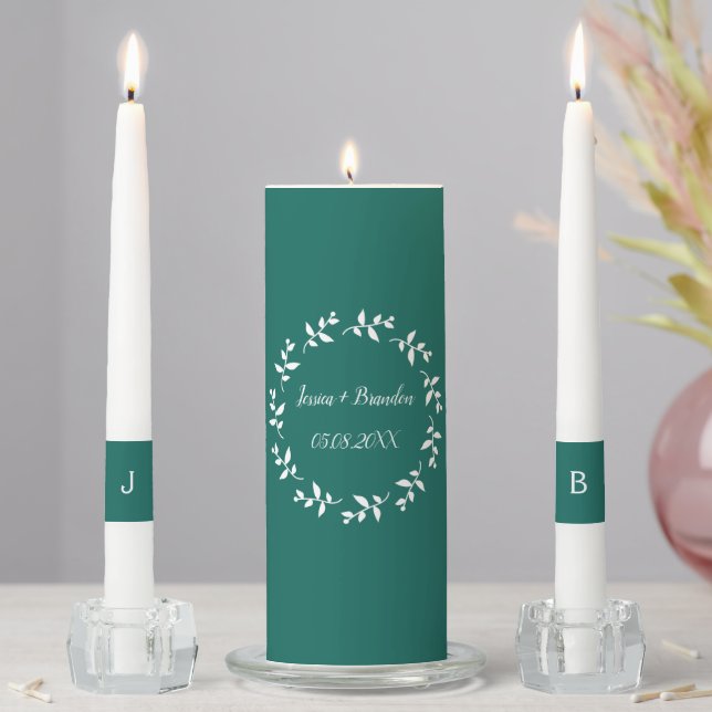 Emerald Green Wreath Couple Monogrammed Simple Unity Candle Set (In Situ)