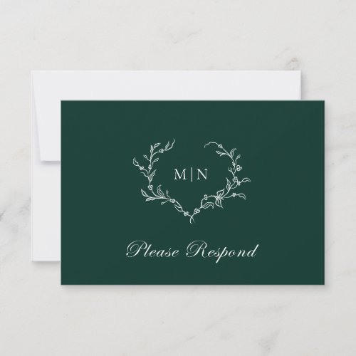 Emerald Green Wreath Monogram Wedding  RSVP Card