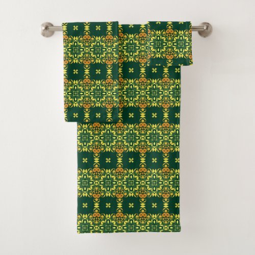 Emerald Green Yellow  Orange Vintage Pattern Bath Towel Set