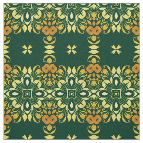 Emerald Green Yellow  Orange Vintage Pattern Fabric