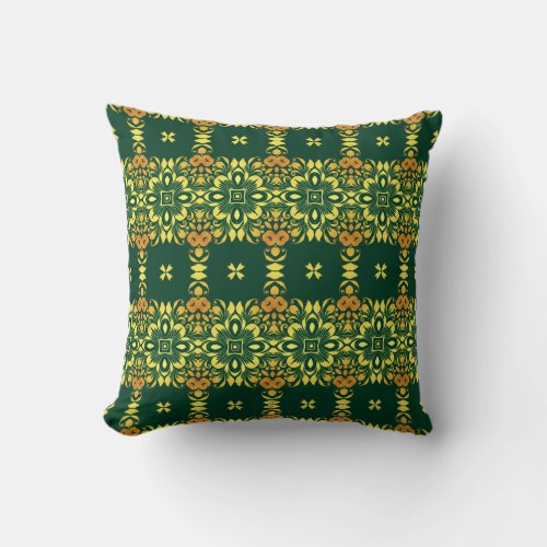 Emerald Green Yellow  Orange Vintage Pattern Throw Pillow
