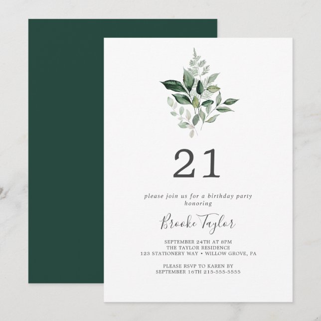 Emerald Greenery 21st Birthday Party Invitation (Front/Back)