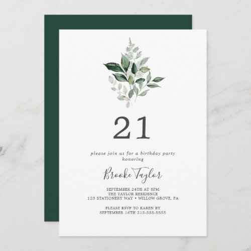 Emerald Greenery 21st Birthday Party Invitation