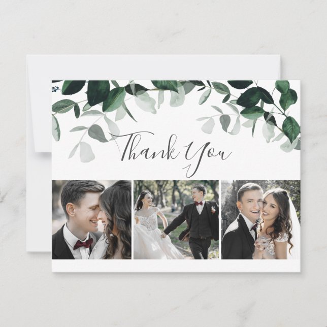 Emerald Greenery 3 Photo Flat Thank You Card (Front)