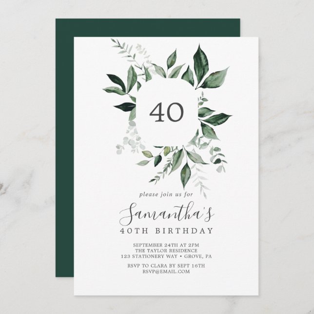 Emerald Greenery 40th Birthday Invitation (Front/Back)