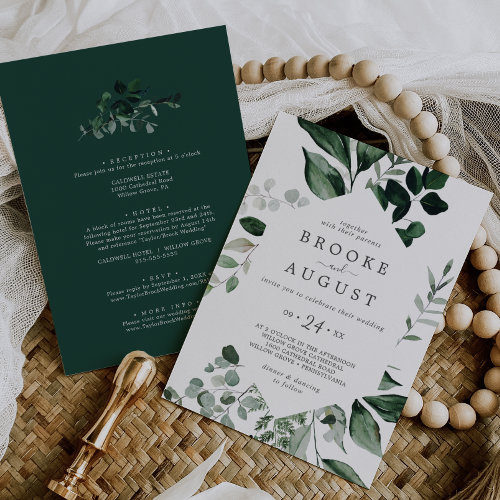 Emerald Greenery All In One Wedding Invitation