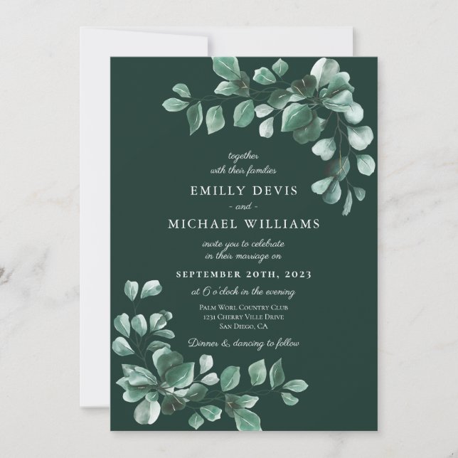 Emerald Greenery All In One Wedding Invitation (Front)