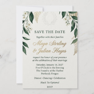 Emerald Greenery and Gold Fern Watercolor Wedding  Invitation