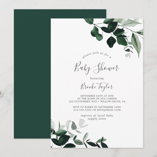 Emerald Greenery Baby Shower Invitation (Front/Back)