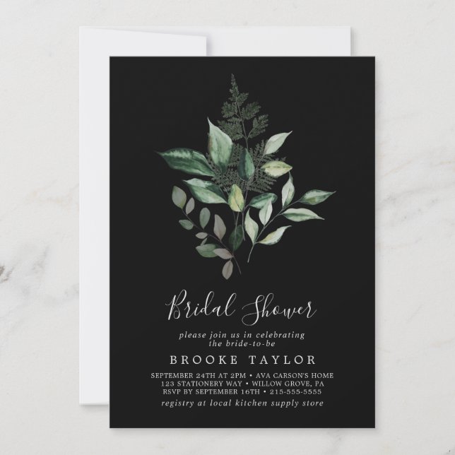Emerald Greenery | Black Bridal Shower Invitation (Front)