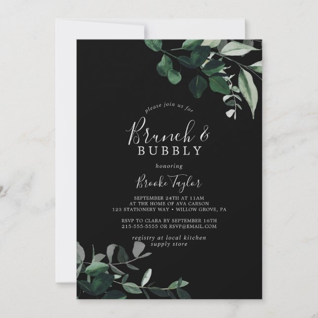 Emerald Greenery | Black Brunch and Bubbly Invitation (Front)