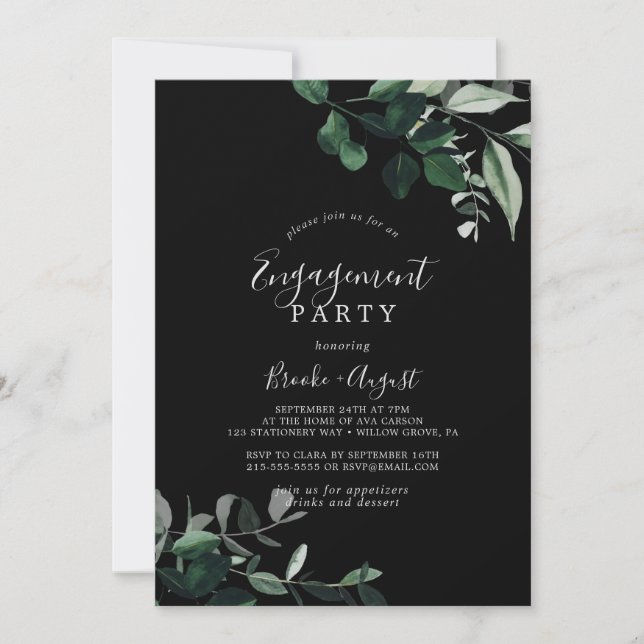 Emerald Greenery | Black Engagement Party Invitation (Front)