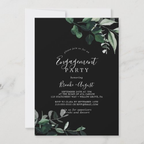 Emerald Greenery  Black Engagement Party Invitation