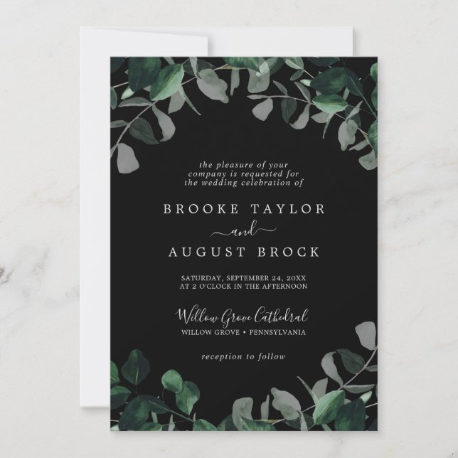 Emerald Greenery | Black Formal Wedding Invitation (Front)
