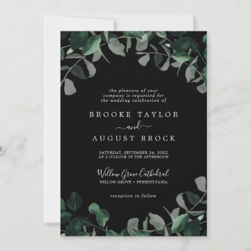 Emerald Greenery  Black Formal Wedding Invitation