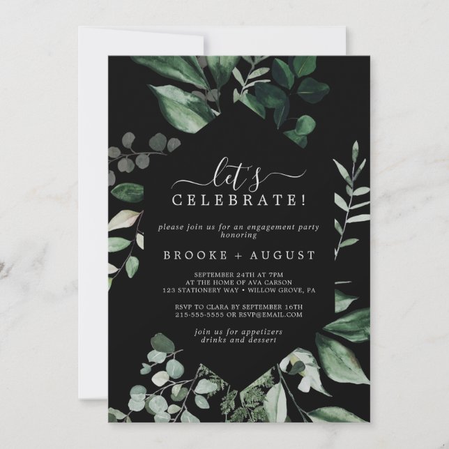 Emerald Greenery | Black Let's Celebrate Invitation (Front)